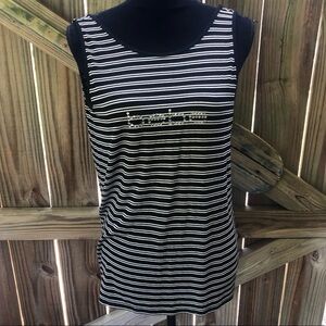 Bebe Aimee Knot Back Black & White Striped Sleeveless Top with Crystal Logo L